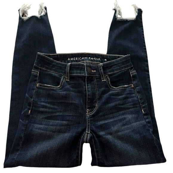 NWOT American Eagle Dark Wash Distressed Hem High Rise Jegging - Picture 1 of 7